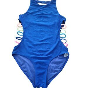 Z by Zella Girls One Piece Royal Blue Swimsuit with Rainbow Laddered sid…